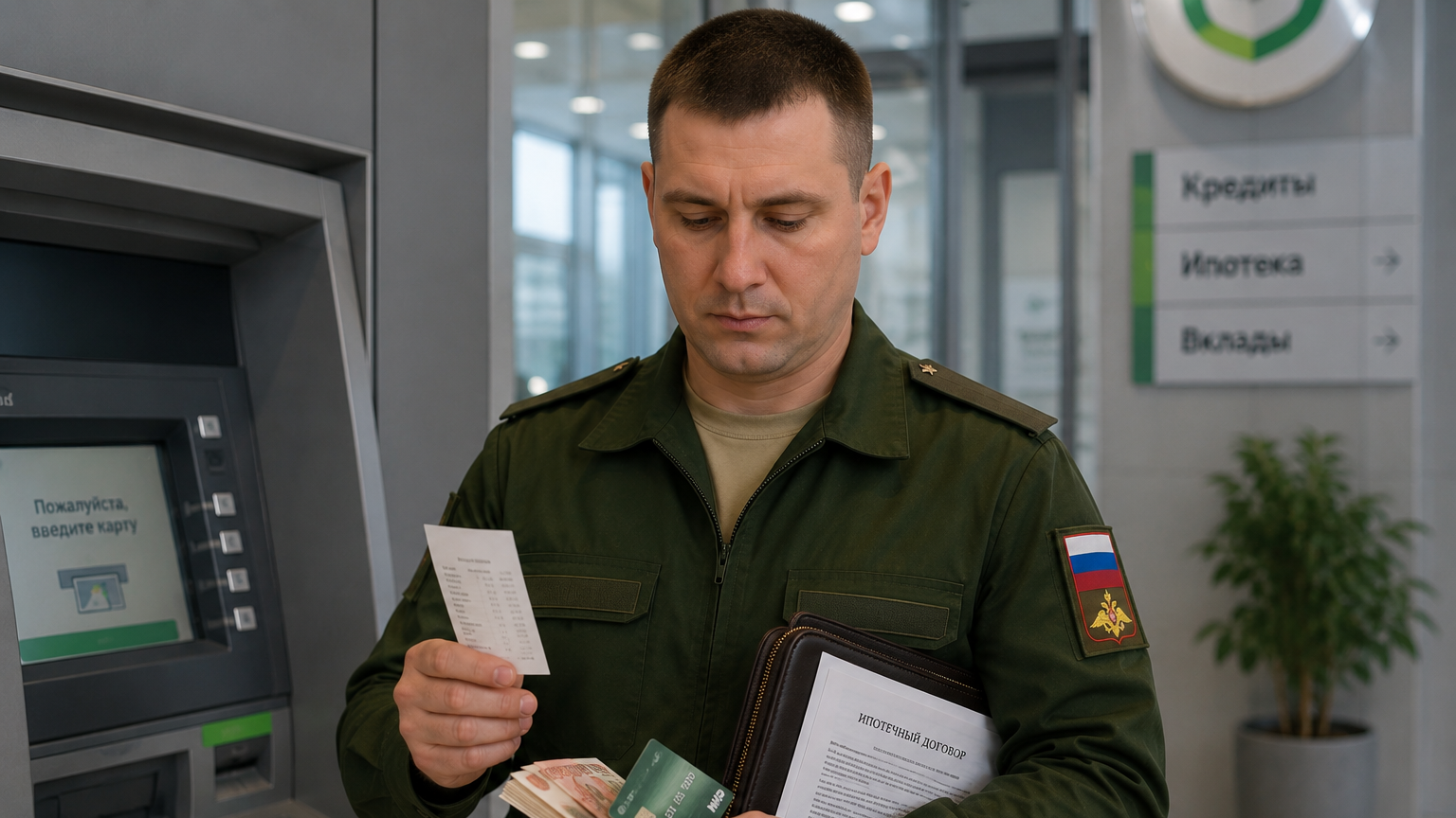 Военнослужащий в банке с ипотечным договором и деньгами, расчёт стоимости сделки по военной ипотеке